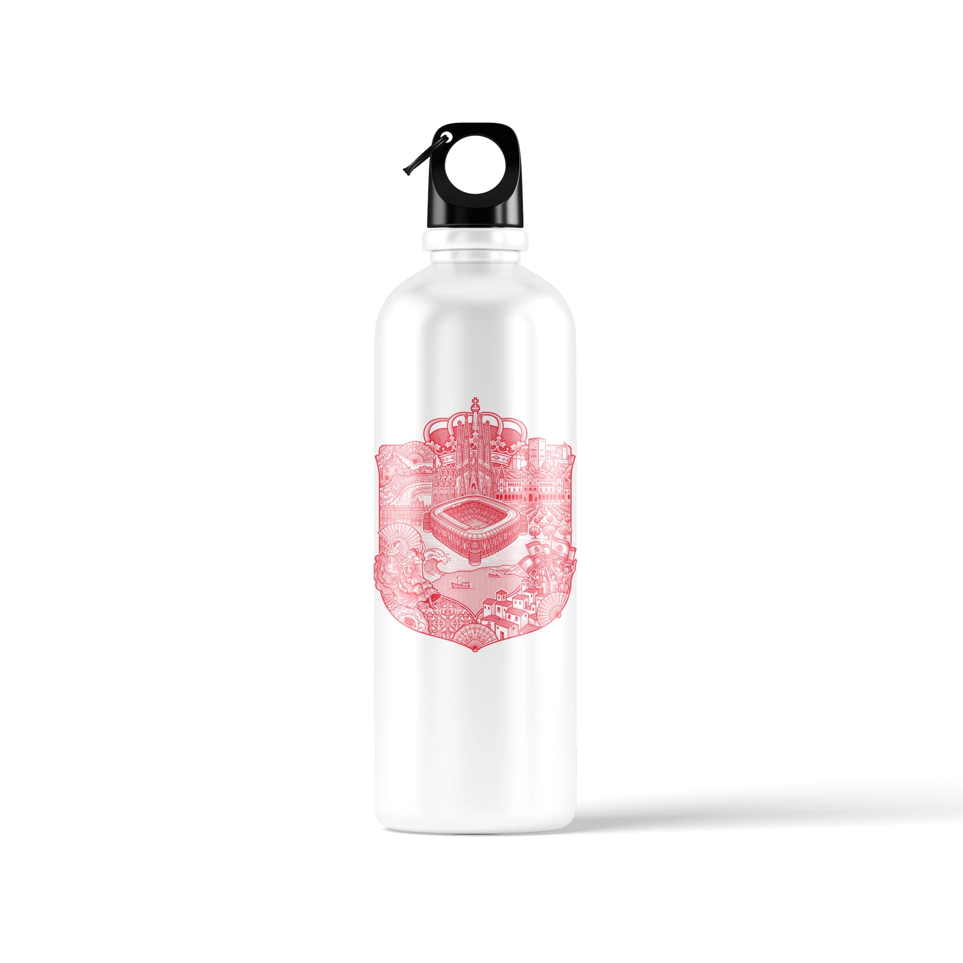 A white sports water bottle shown from multiple angles, featuring the red and gold Spain RFEF crest and 'VAMOS ESPAÑA' text with one star on one side, a highly detailed red heritage crest containing Spanish landmarks like the Sagrada Familia on the other, and a black loop cap - sports drinkware by Stick-On Limited.