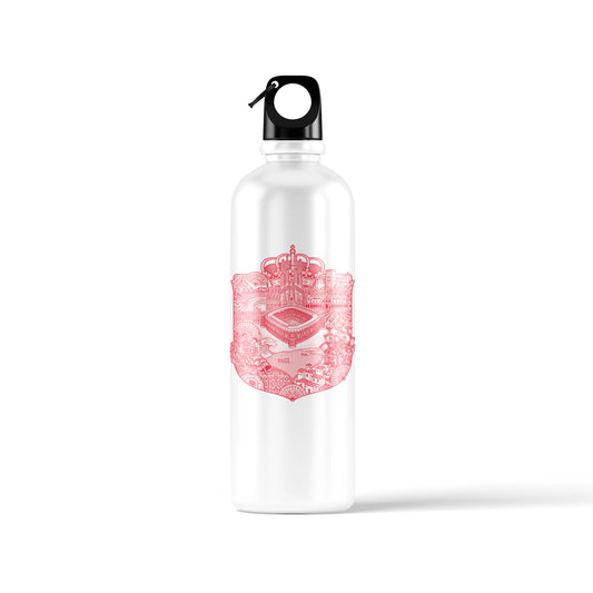 A white sports water bottle shown from multiple angles, featuring the red and gold Spain RFEF crest and 'VAMOS ESPAÑA' text with one star on one side, a highly detailed red heritage crest containing Spanish landmarks like the Sagrada Familia on the other, and a black loop cap - sports drinkware by Stick-On Limited.