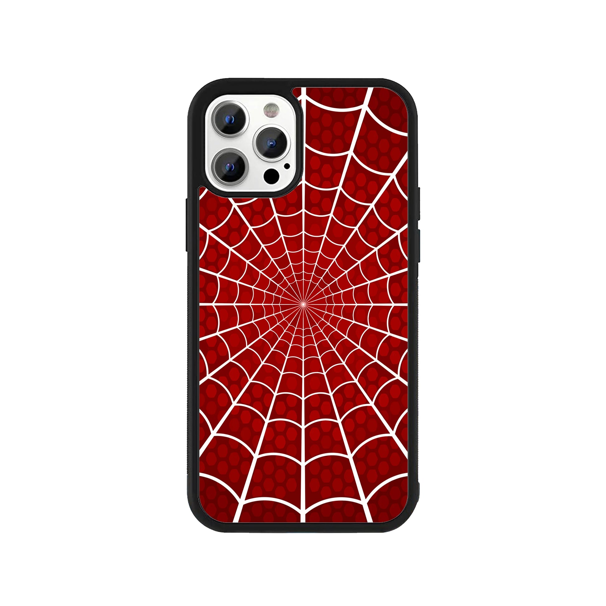 A smartphone case featuring a bold white spider-web pattern over a textured red background, surrounded by a black protective bumper edge.