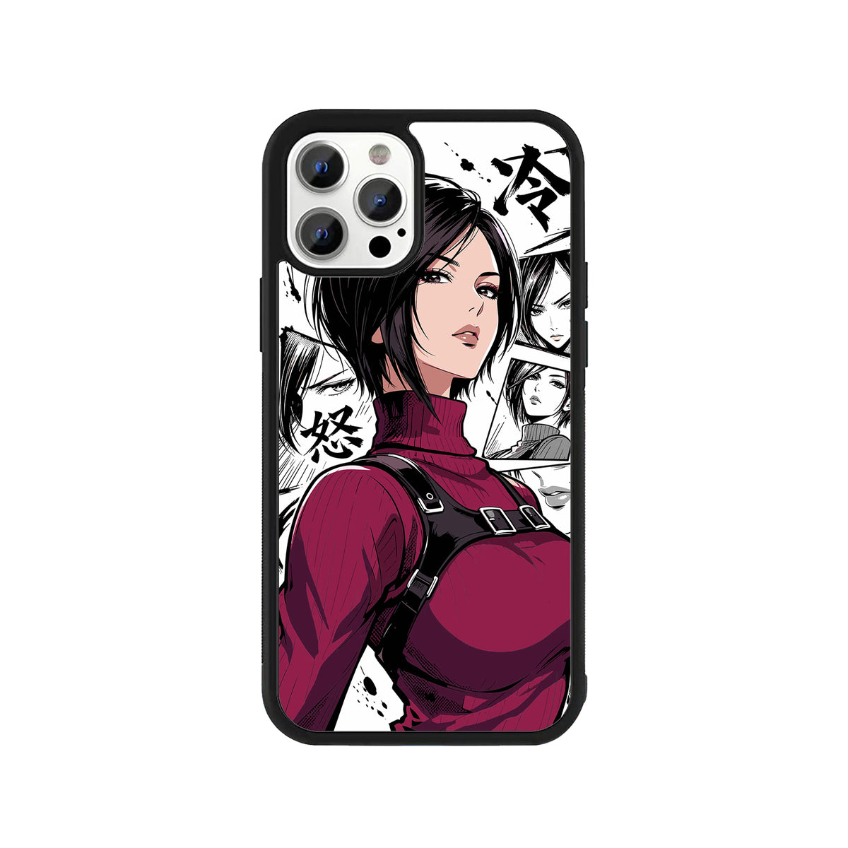 A smartphone case featuring a full-color anime-style illustration of video game character Ada Wong in a crimson turtleneck and black tactical harness, layered over a background of black-and-white manga panels, kanji, and ink splatters, surrounded by a black protective bumper edge