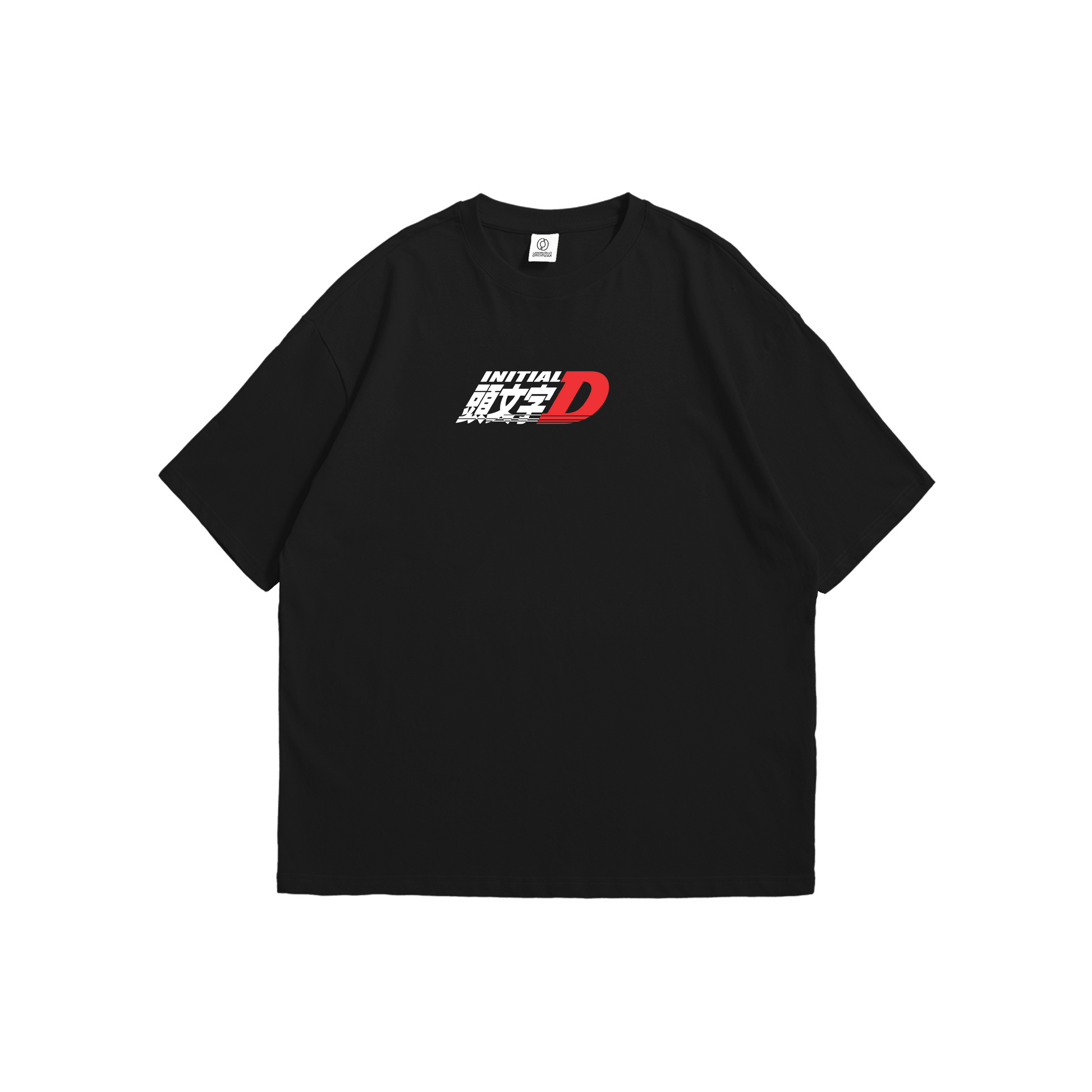 Black oversized t-shirt with Initial D AE86 graphic on back and logo on front - JDM streetwear by Stick-On Limited.