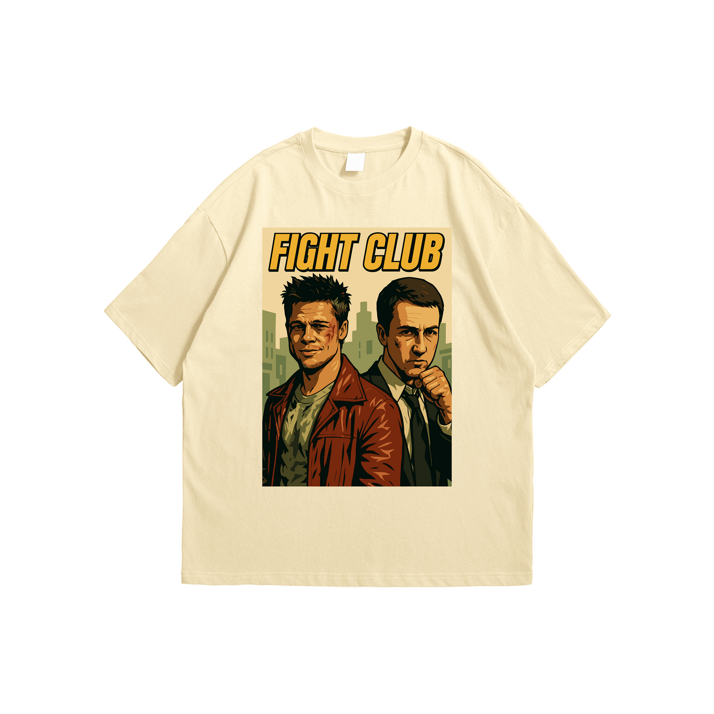 Fight Club Oversized T-Shirt – illustrated movie poster graphic tee on beige oversized shirt, Stick-On Apparel Collection