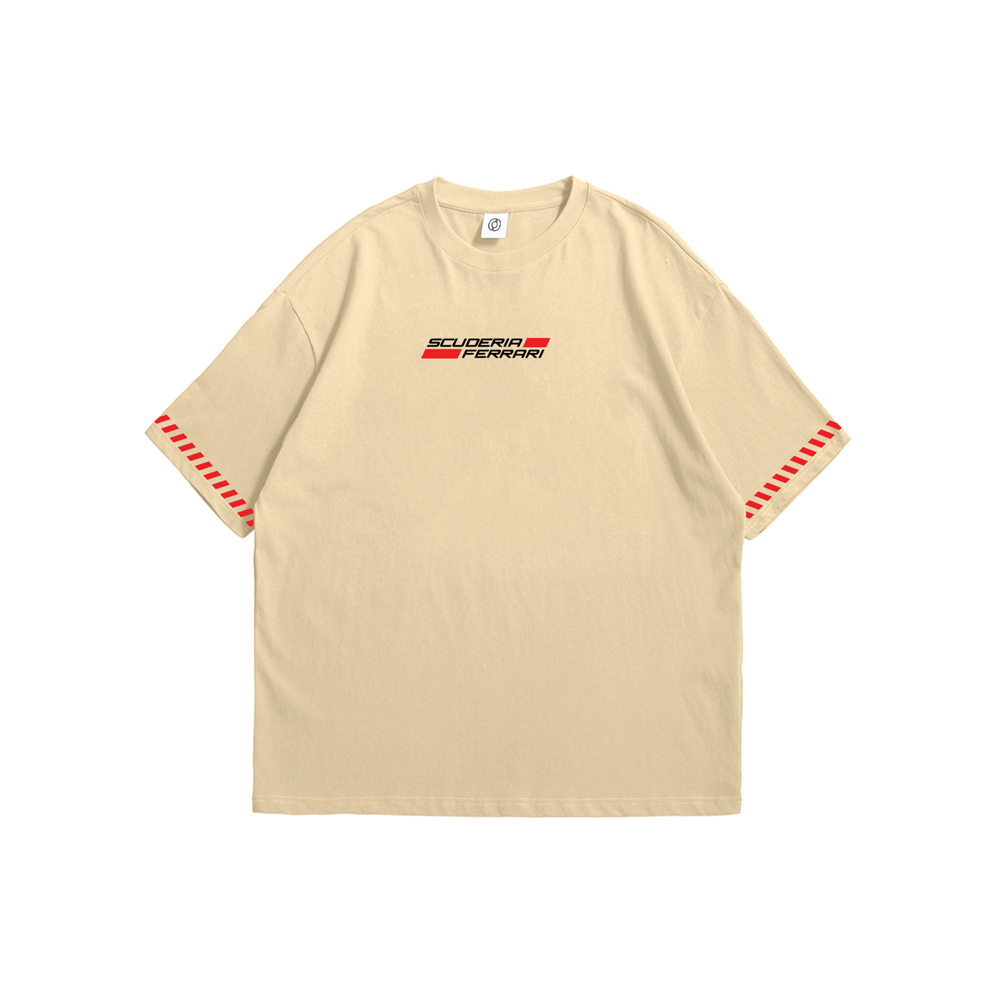 Lewis Hamilton x Ferrari Drop Shoulder T-Shirt – beige oversized tee with Scuderia Ferrari front logo and Hamilton car graphic back print, Stick-On Auto Collection