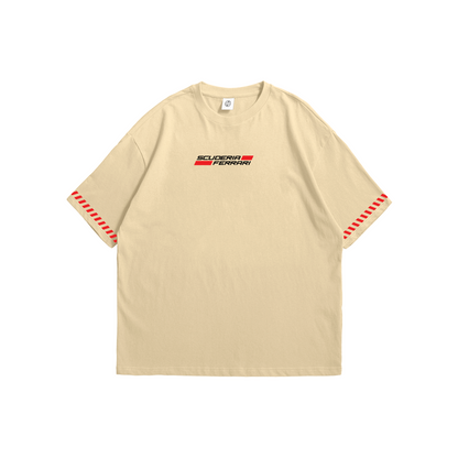 Lewis Hamilton x Ferrari Drop Shoulder T-Shirt – beige oversized tee with Scuderia Ferrari front logo and Hamilton car graphic back print, Stick-On Auto Collection