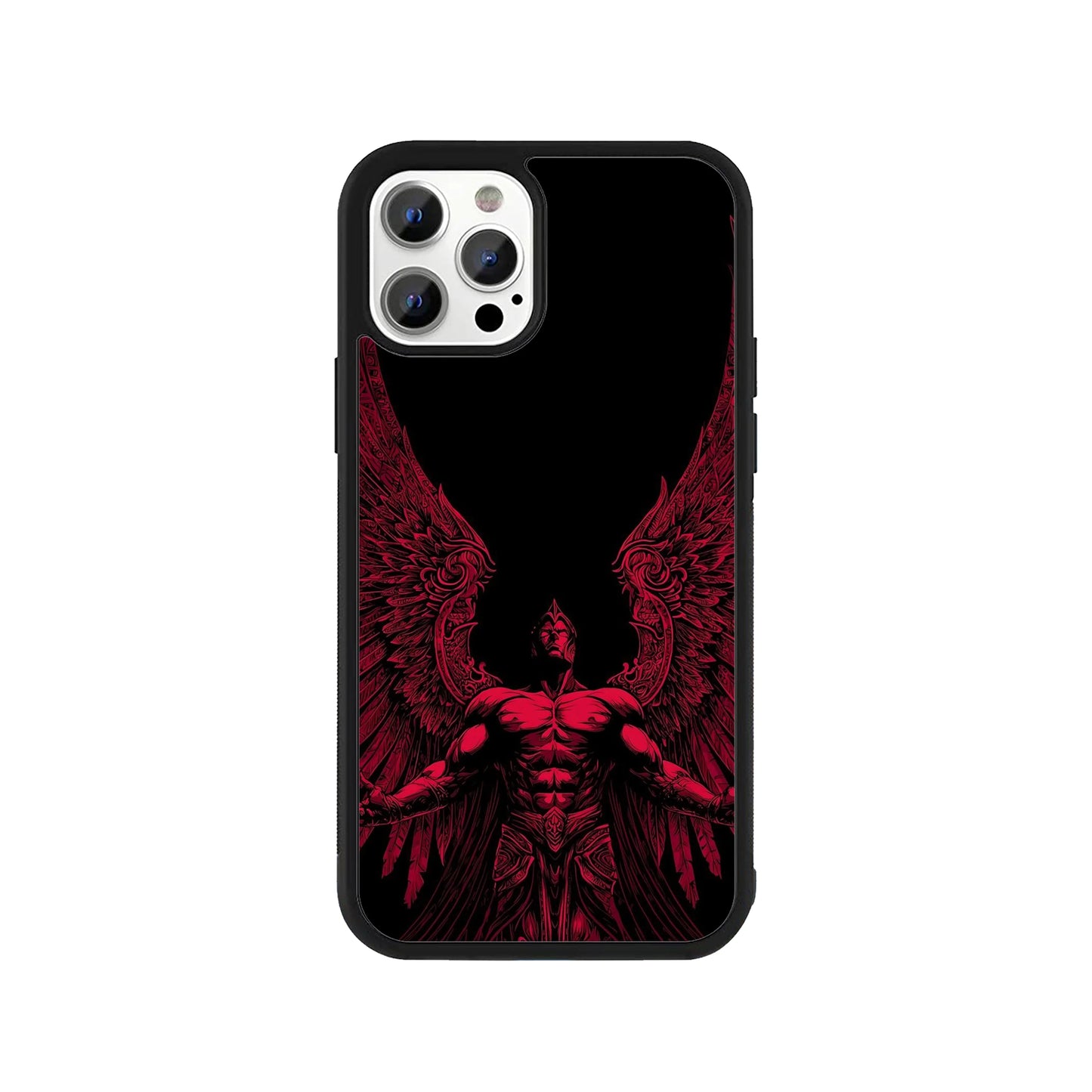 Phone case featuring a muscular red winged angel on a black background - dark fantasy cover by Stick-On Limited.