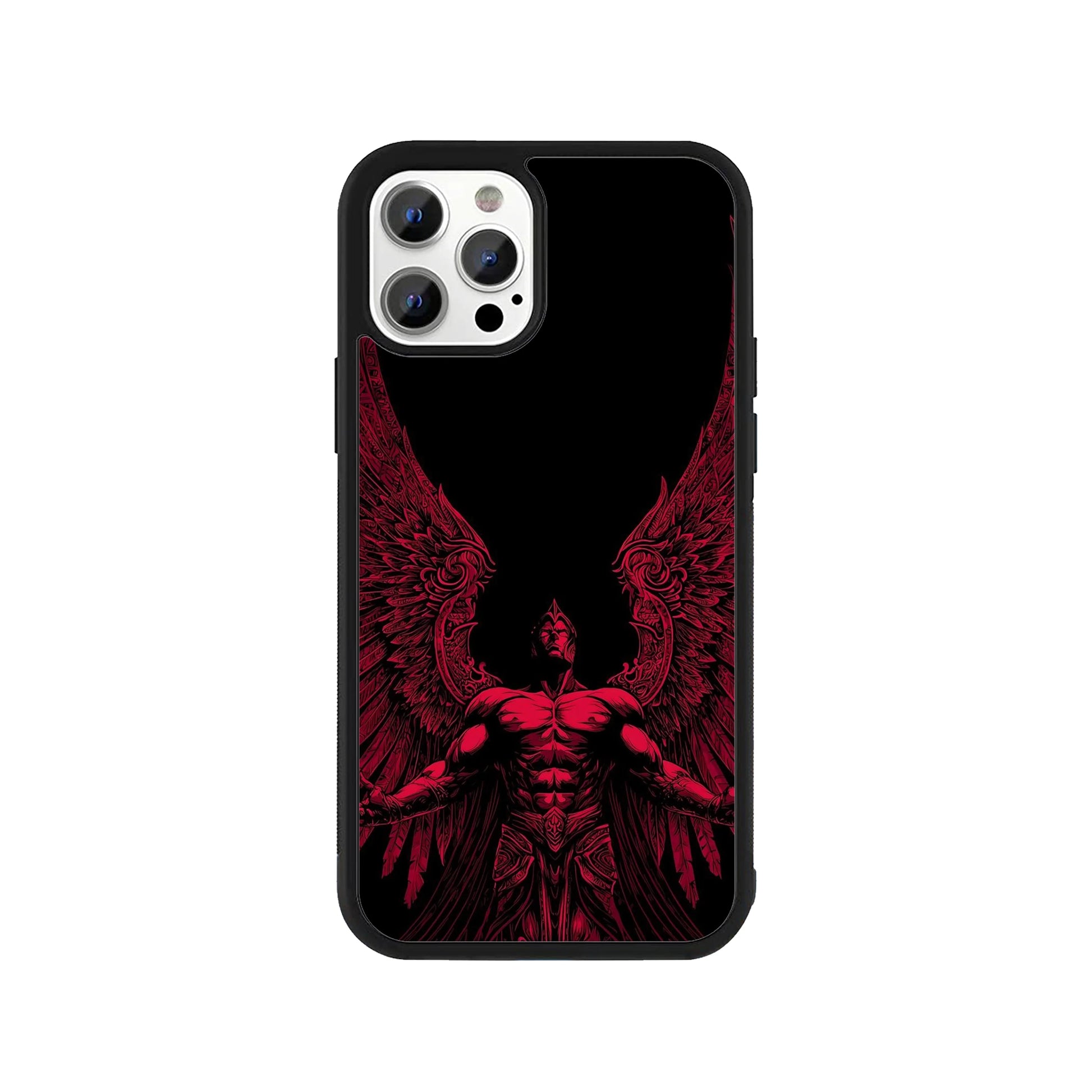 Phone case featuring a muscular red winged angel on a black background - dark fantasy cover by Stick-On Limited.