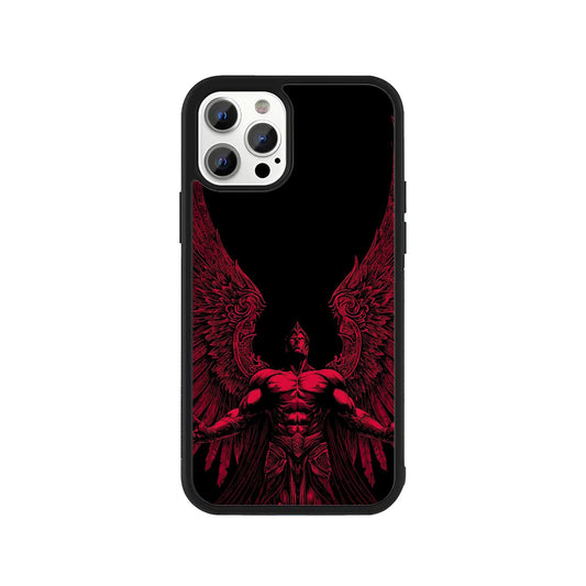 Phone case featuring a muscular red winged angel on a black background - dark fantasy cover by Stick-On Limited.
