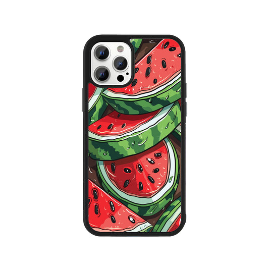 Phone case featuring a vibrant pattern of illustrated red and green watermelon slices - summer fruit cover by Stick-On Limited.