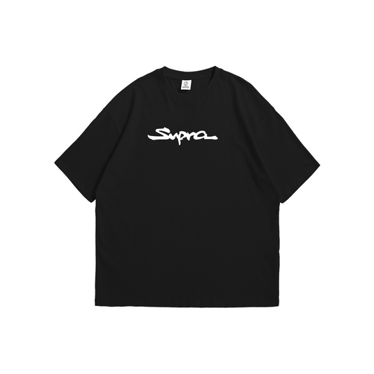 Black t-shirt featuring Toyota Supra MK4 rear view graphic with 2JZ engine specs and Japanese text - JDM streetwear by Stick-On Limited.