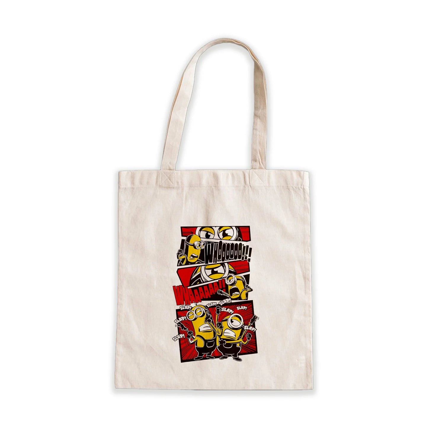 Minions Comic Burst Tote Bag – funny cartoon design on beige canvas bag, Stick-On Accessories Collection