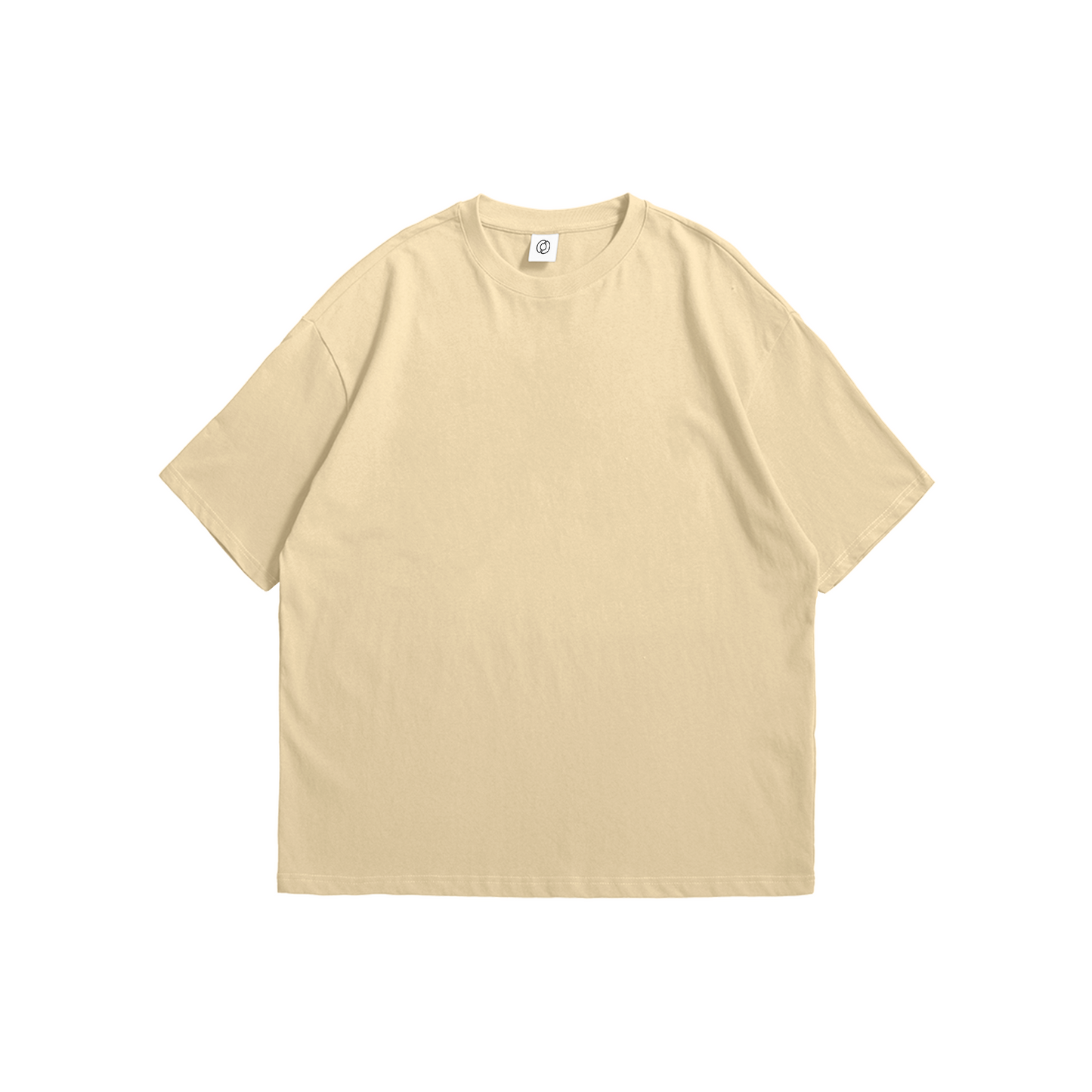 Front and back view of a solid, blank sand beige oversized t-shirt - premium 180 GSM heavyweight apparel by Stick-On Limited.