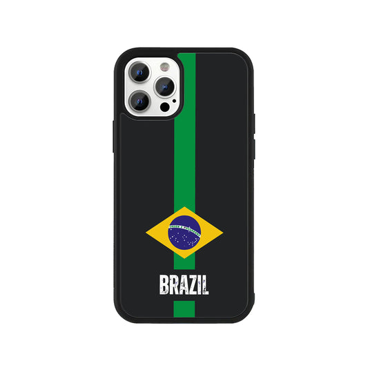A black smartphone case featuring a green vertical stripe, the Brazilian flag, and distressed 'BRAZIL' text with a protective black bumper - sports phone accessory by Stick-On Limited.