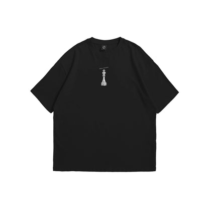 A black oversized t-shirt shown from the front and back, featuring 'Divine Execution' with a small diamond chess king on the chest and a large diamond chess king with 'Godsplan' gothic text on the reverse - streetwear apparel by Stick-On Limited.