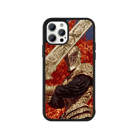 Phone case featuring a golden armored knight with a wolf-engraved greatsword in fire - dark fantasy gaming cover by Stick-On Limited.