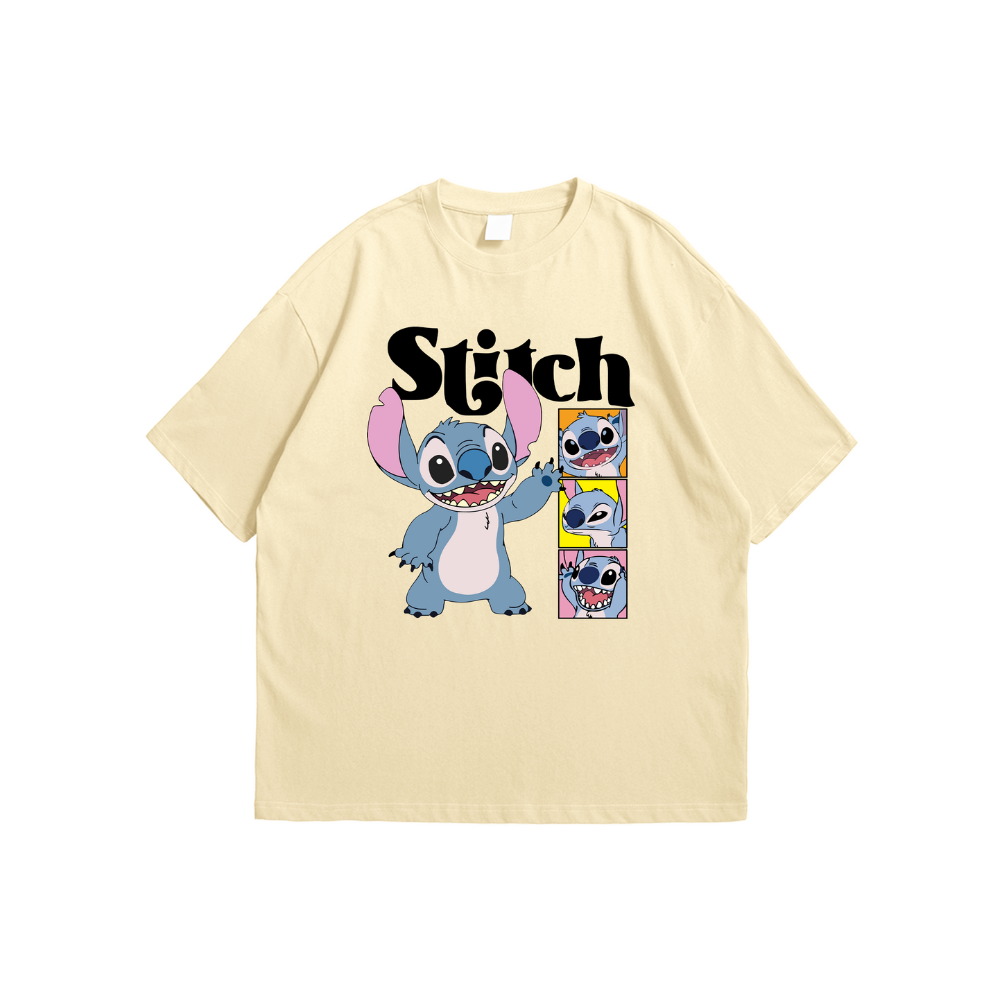 Stitch Oversized T-Shirt – beige graphic tee featuring multiple Stitch expressions, Stick-On Apparel Collection