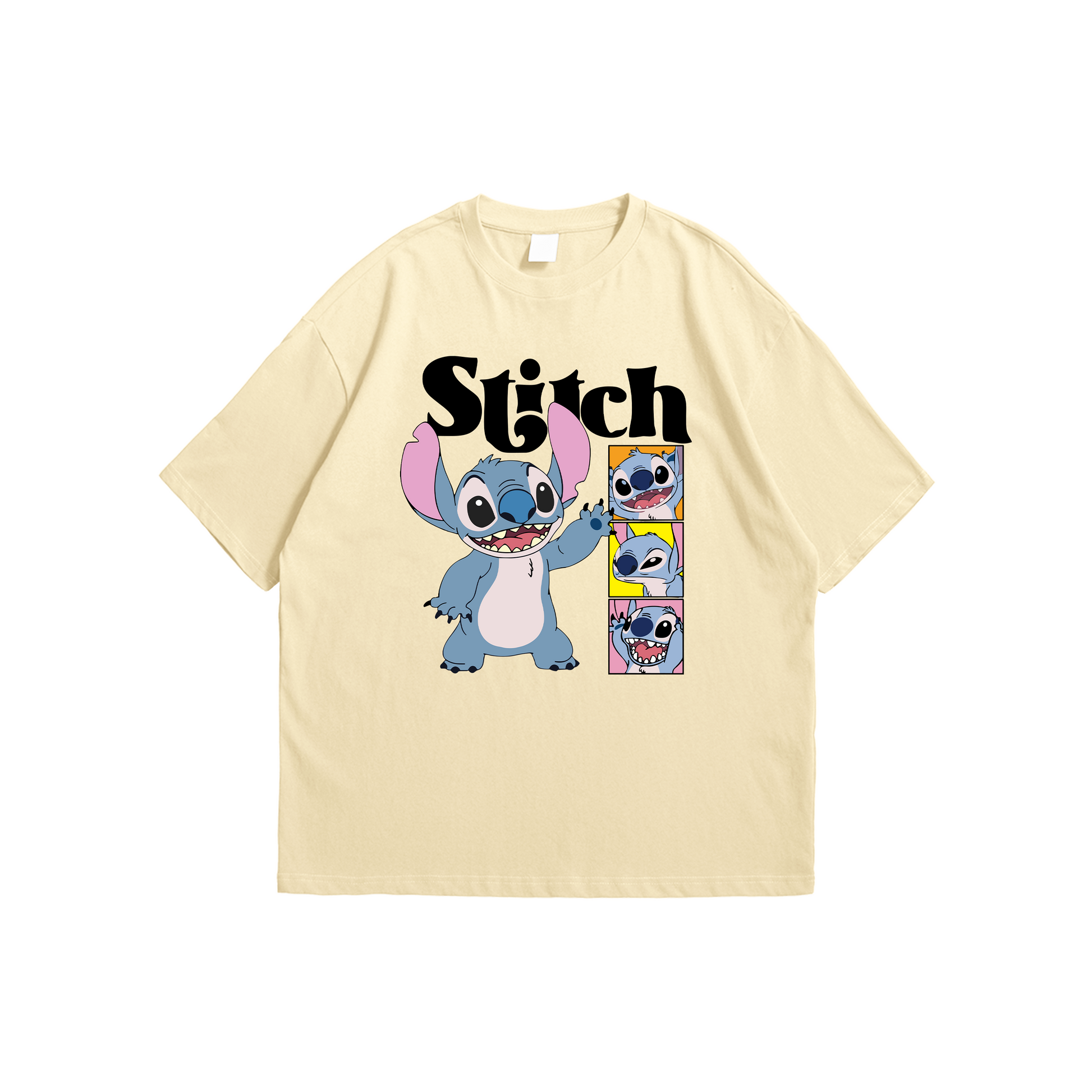 Stitch Oversized T-Shirt – beige graphic tee featuring multiple Stitch expressions, Stick-On Apparel Collection