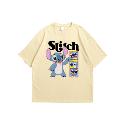 Stitch Oversized T-Shirt – beige graphic tee featuring multiple Stitch expressions, Stick-On Apparel Collection