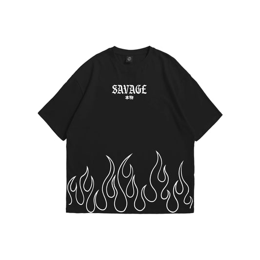 A black oversized t-shirt shown from the front and back, featuring 'SAVAGE' text on the chest, a large '69' on the back in gothic font, and white outline flames along the bottom hem - streetwear apparel by Stick-On Limited.