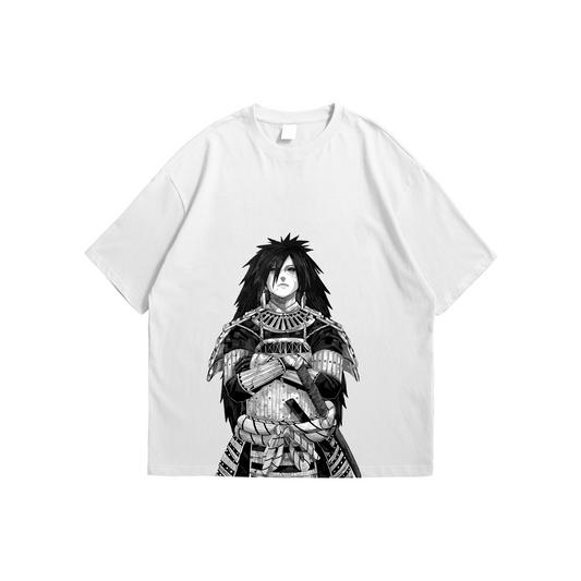 Madara Uchiha oversized white T-shirt with front anime illustration and “Wake Up to Reality” back print, Stick-On Anime Collection