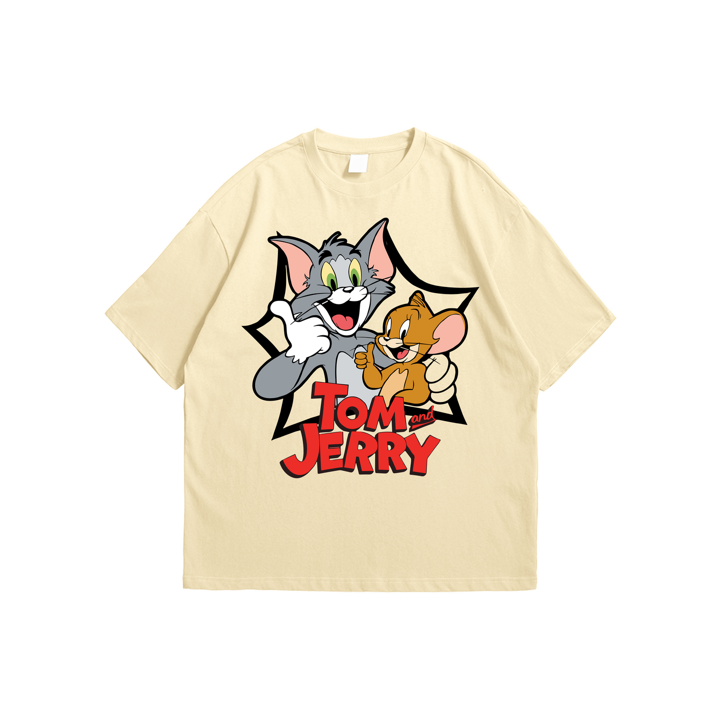 Tom and Jerry Oversized T-Shirt – beige oversized cartoon graphic tee featuring Tom and Jerry illustration, Stick-On Apparel Collection