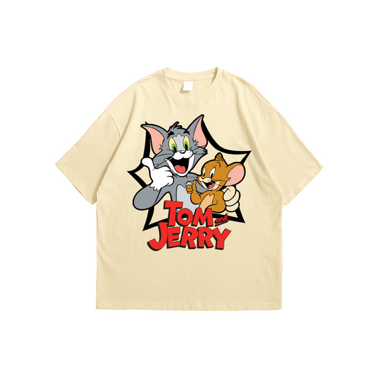 Tom and Jerry Oversized T-Shirt – beige oversized cartoon graphic tee featuring Tom and Jerry illustration, Stick-On Apparel Collection