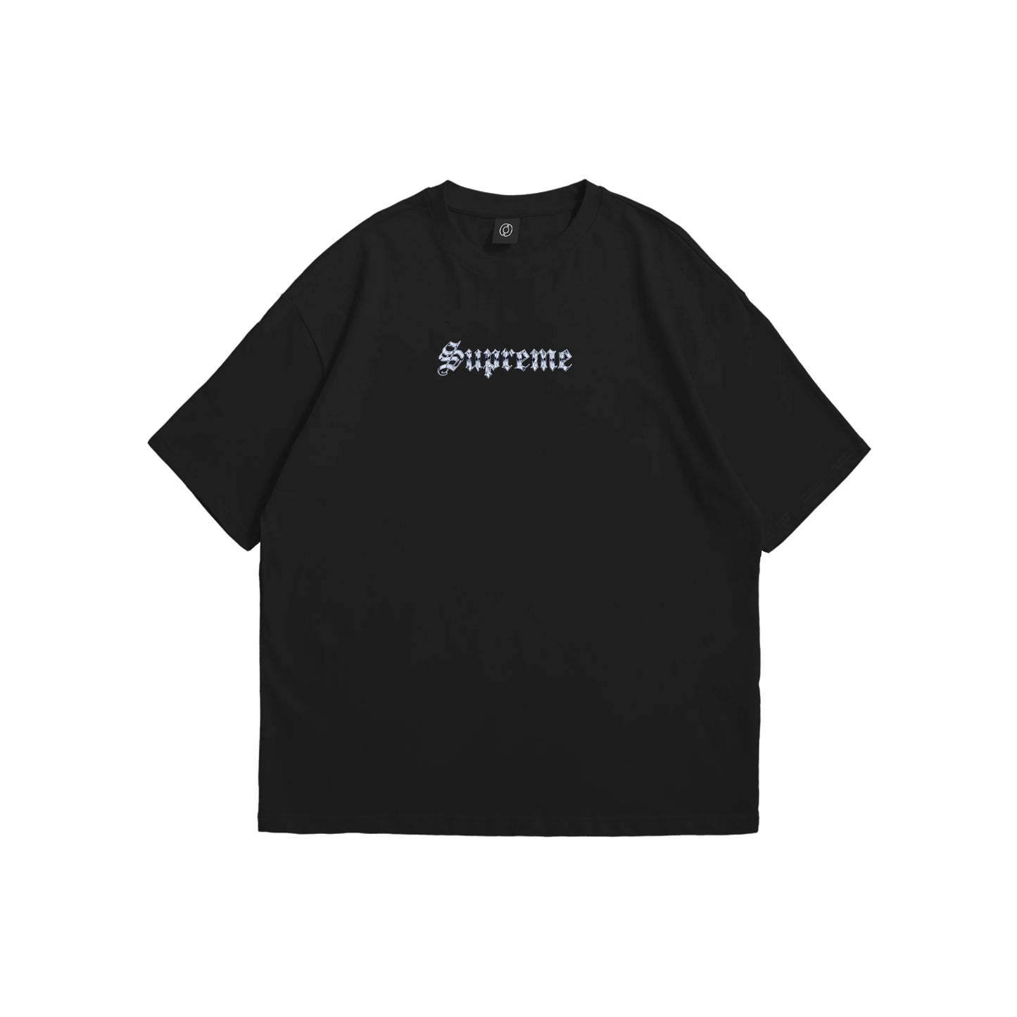 A black oversized t-shirt shown from the front and back, featuring a metallic gothic 'Supreme' logo on the chest and a large rectangular back graphic with heavy chains, tribal flames, and stars - streetwear apparel by Stick-On Limited.