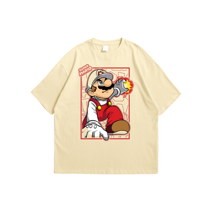 Super Mario Oversized T-Shirt – beige gaming tee with Fire Mario graphic design, Stick-On Apparel Collection