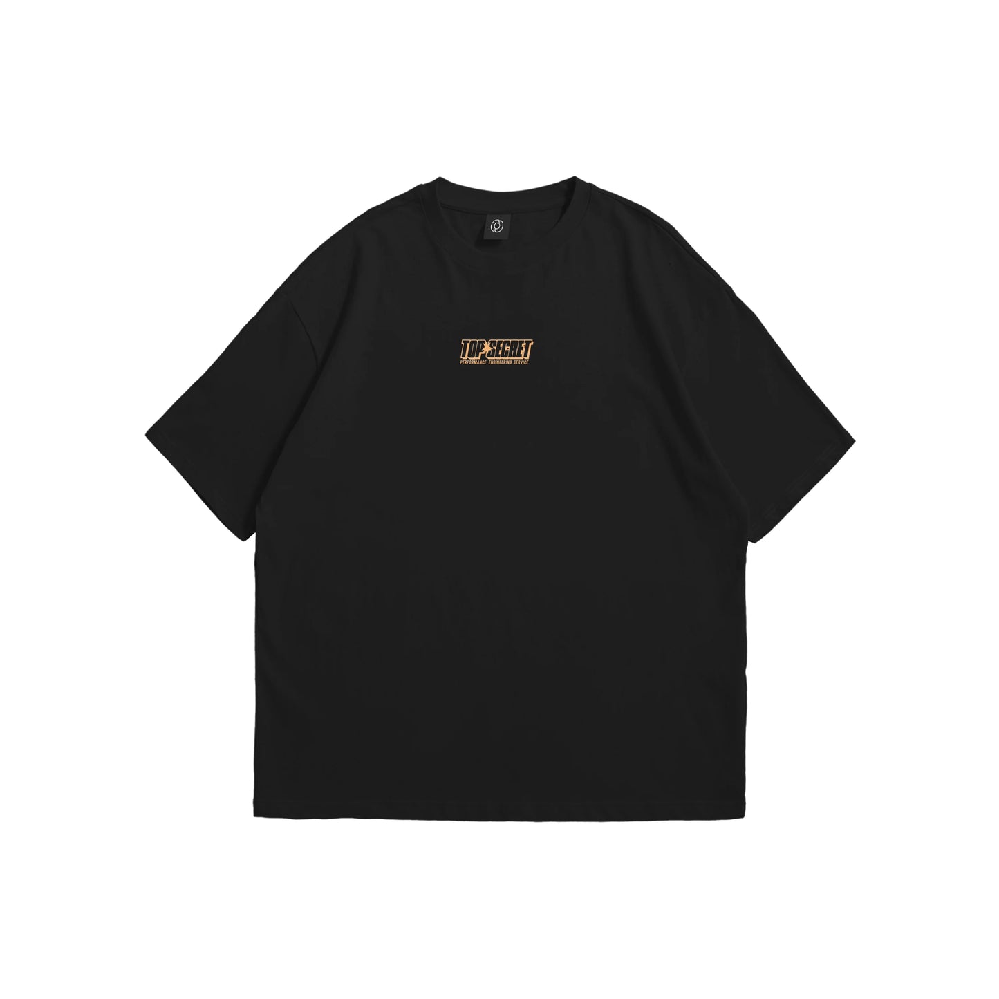 A black oversized t-shirt shown from the front and back, featuring a minimalist 'Top Secret Performance Engineering Service' logo on the center chest and upper back neckline - streetwear apparel by Stick-On Limited.