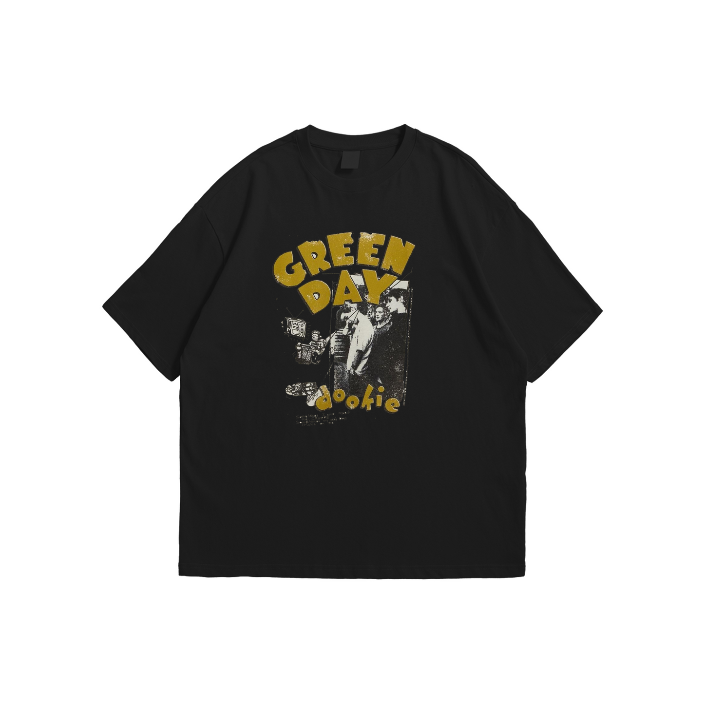 Green Day Oversized T-Shirt – black oversized tee with vintage Dookie album design, Stick-On Apparel Collection