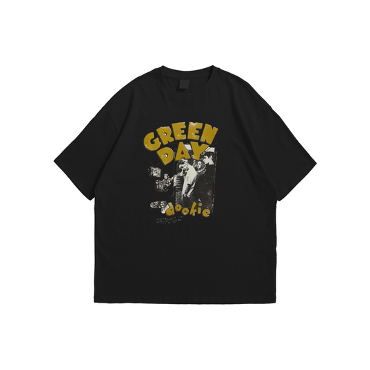 Green Day Oversized T-Shirt – black oversized tee with vintage Dookie album design, Stick-On Apparel Collection