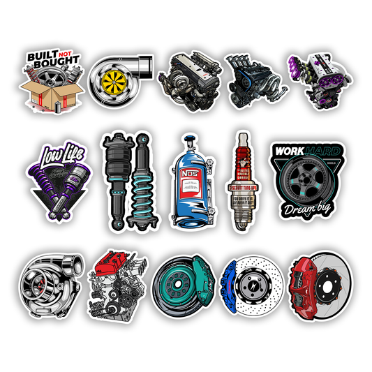 JDM Sticker Pack – Engine and Turbo car stickers with NOS, turbocharger, coilover, and piston designs, Stick-On Auto Collection