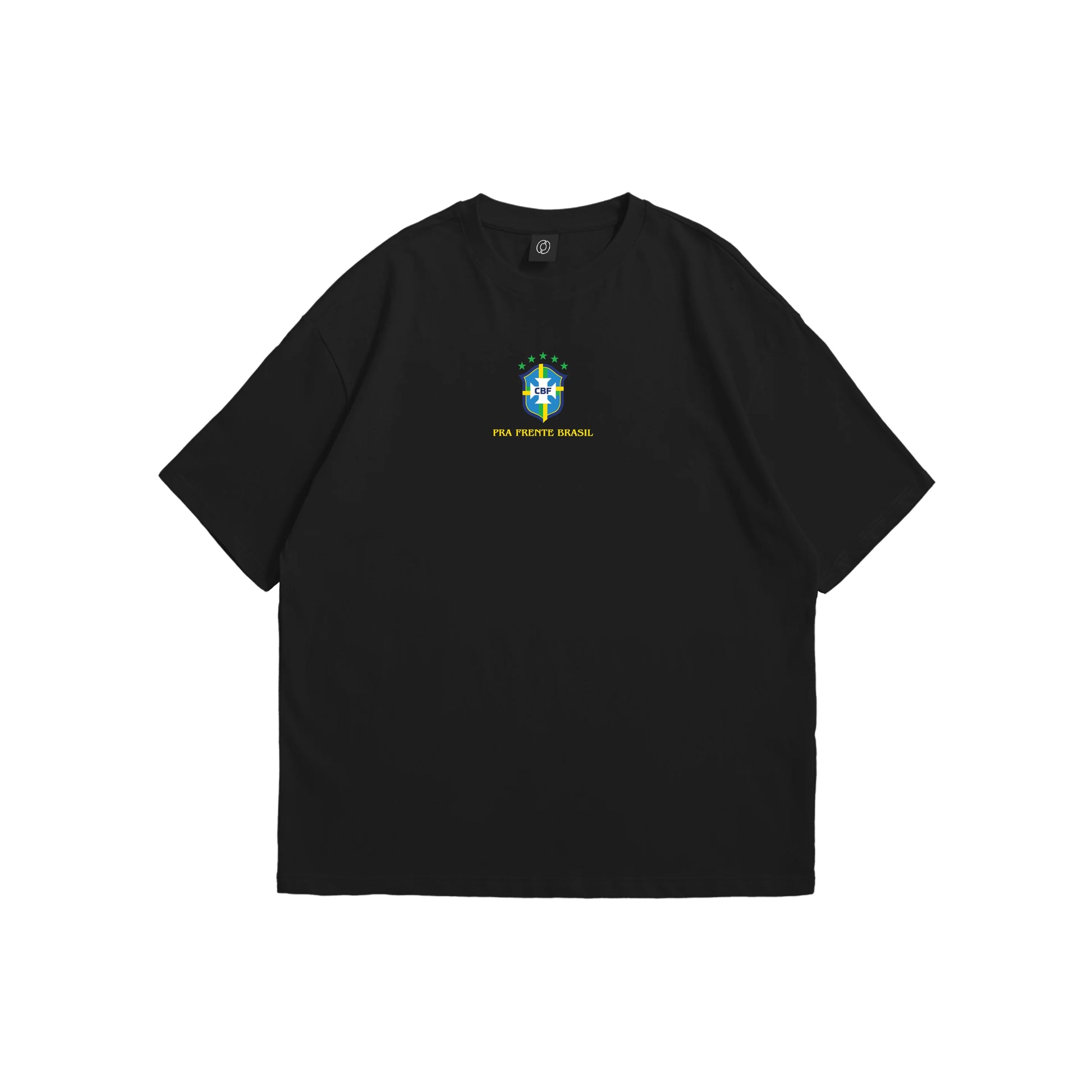 A black oversized t-shirt shown from the front and back, featuring the Brazil CBF crest on the chest and a large intricate yellow line-art illustration of Brazilian landmarks and five stars on the reverse - sports streetwear apparel by Stick-On Limited.