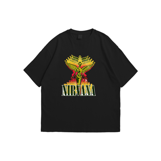 Nirvana Oversized T-Shirt – black oversized tee with In Utero angel graphic design, Stick-On Apparel Collection