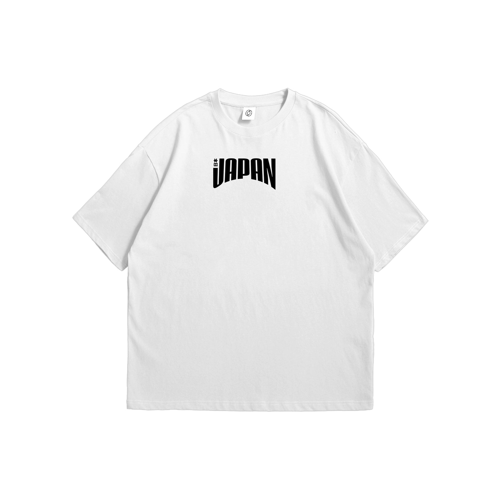Front and back view of a white t-shirt featuring a minimalist black Japan logo on the front chest and a bold orange Seigaiha wave graphic on the back - streetwear apparel by Stick-On Limited.