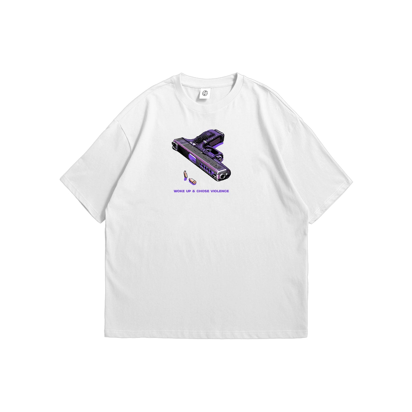 Front and back view of a white oversized t-shirt featuring a purple pixel art handgun and the text WOKE UP & CHOSE VIOLENCE on the chest - streetwear apparel by Stick-On Limited.