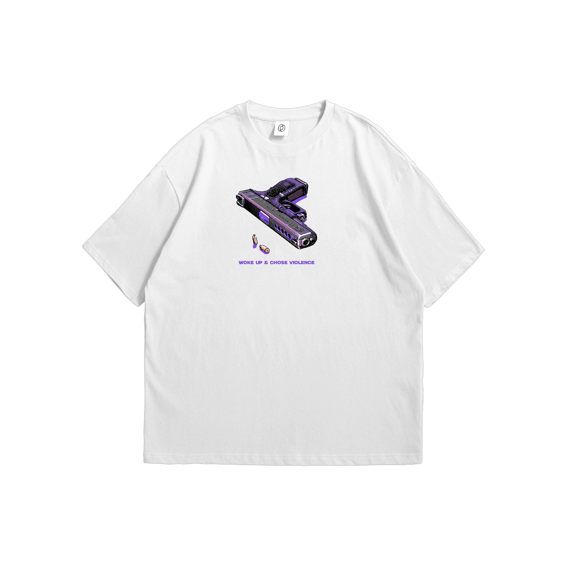 Front and back view of a white oversized t-shirt featuring a purple pixel art handgun and the text WOKE UP & CHOSE VIOLENCE on the chest - streetwear apparel by Stick-On Limited.