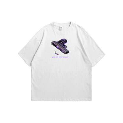 Front and back view of a white oversized t-shirt featuring a purple pixel art handgun and the text WOKE UP & CHOSE VIOLENCE on the chest - streetwear apparel by Stick-On Limited.