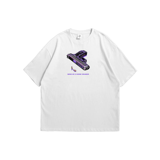 Front and back view of a white oversized t-shirt featuring a purple pixel art handgun and the text WOKE UP & CHOSE VIOLENCE on the chest - streetwear apparel by Stick-On Limited.