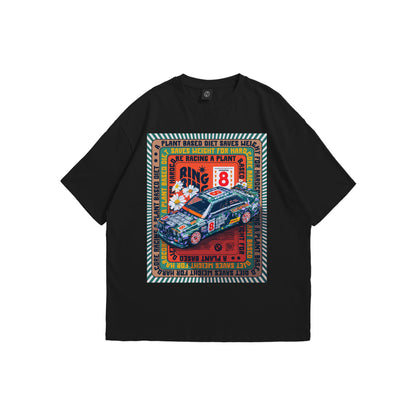 Front and back view of a black oversized t-shirt featuring a retro racing car graphic with the text 'Plant based diet saves weight for hardcore racing' on the chest - streetwear apparel by Stick-On Limited.