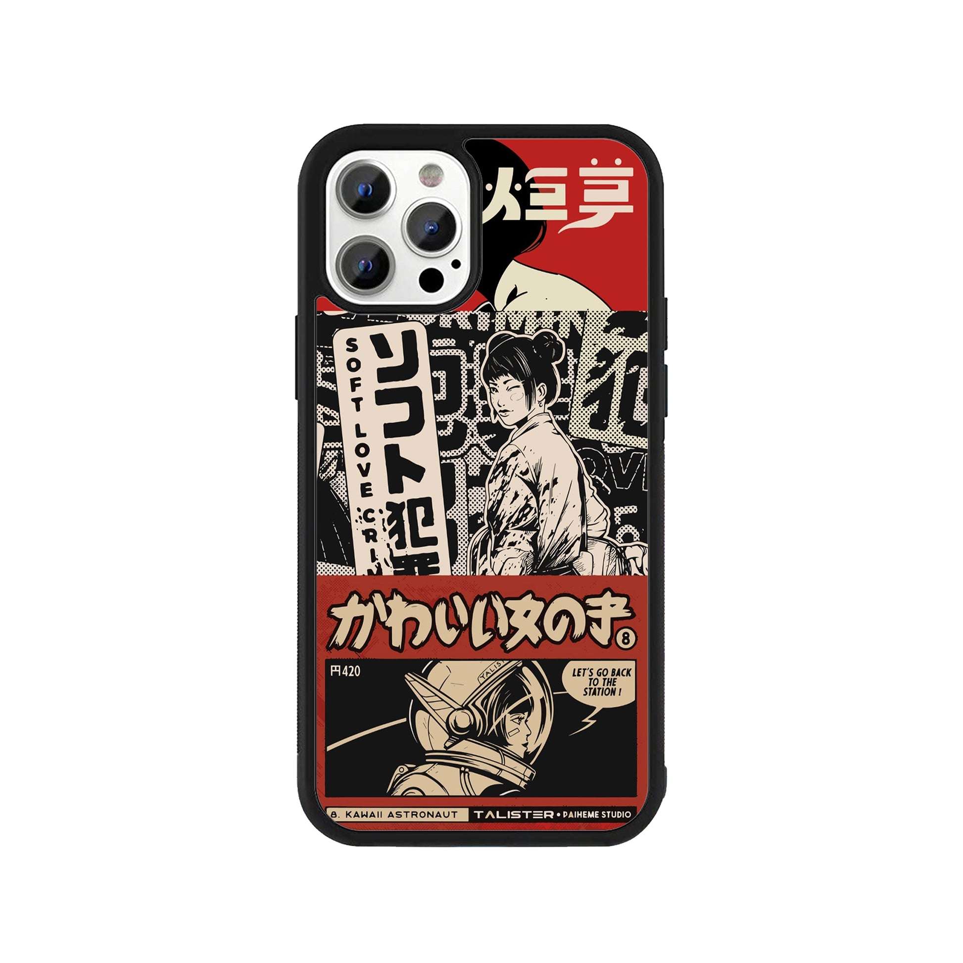 A smartphone case featuring a vintage-style Japanese manga collage with an astronaut and retro typography in red and cream with a protective black bumper - aesthetic phone accessory by Stick-On Limited.