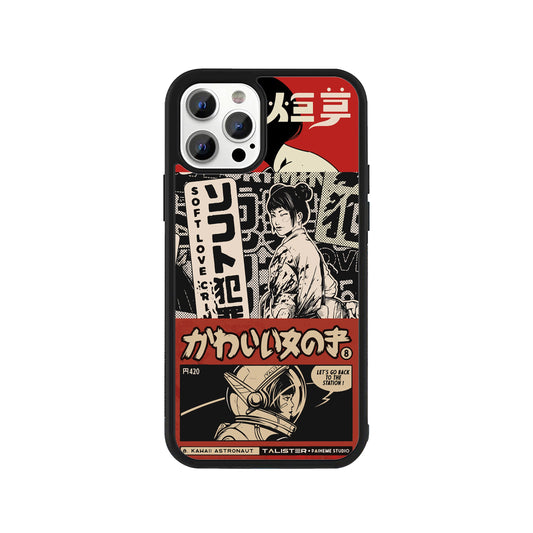 A smartphone case featuring a vintage-style Japanese manga collage with an astronaut and retro typography in red and cream with a protective black bumper - aesthetic phone accessory by Stick-On Limited.