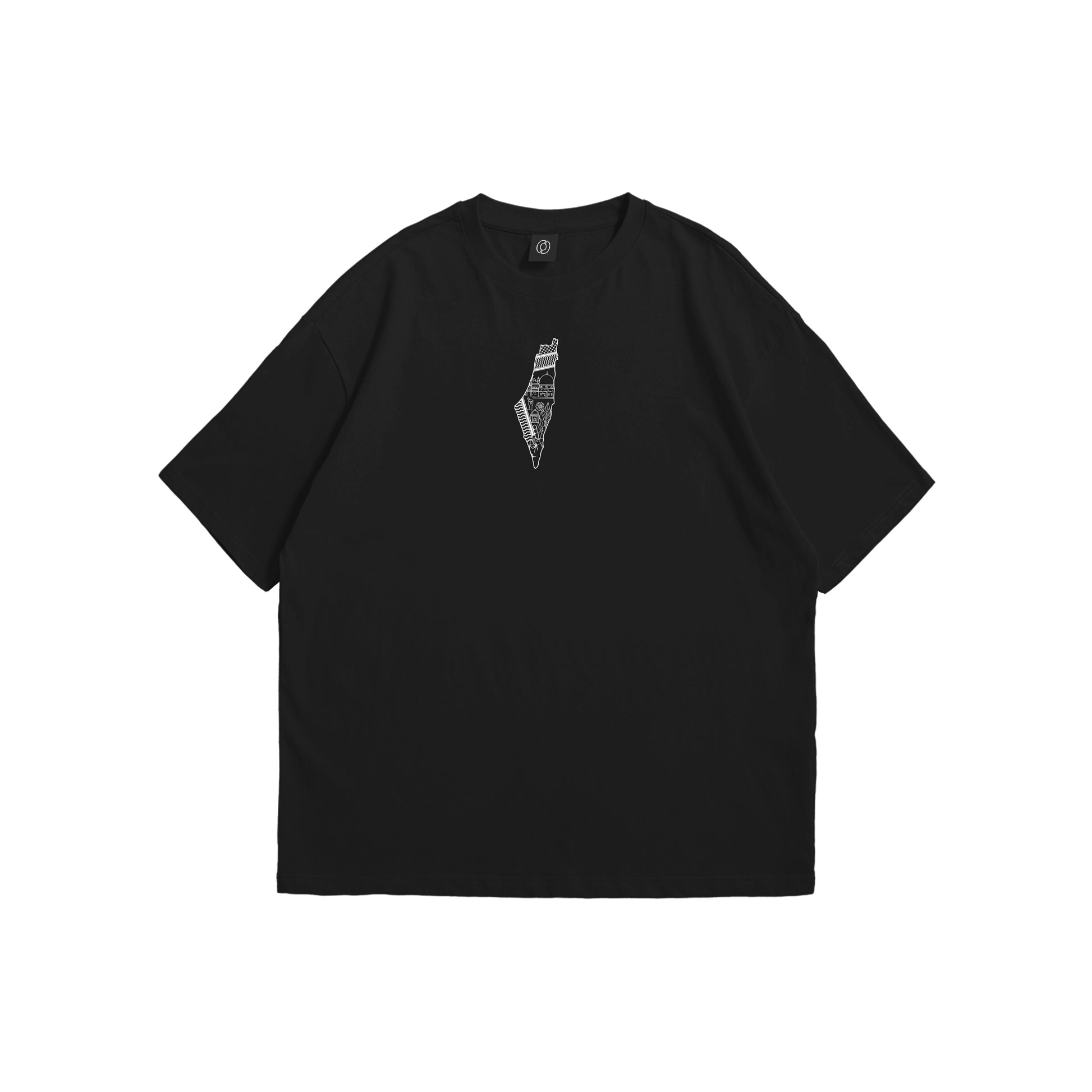 Front and back view of a black oversized t-shirt. The front features a small white Palestine map outline with cultural details. The back features a large map of Palestine made of multilingual text in red, white, and green - solidarity apparel by Stick-On Limited.