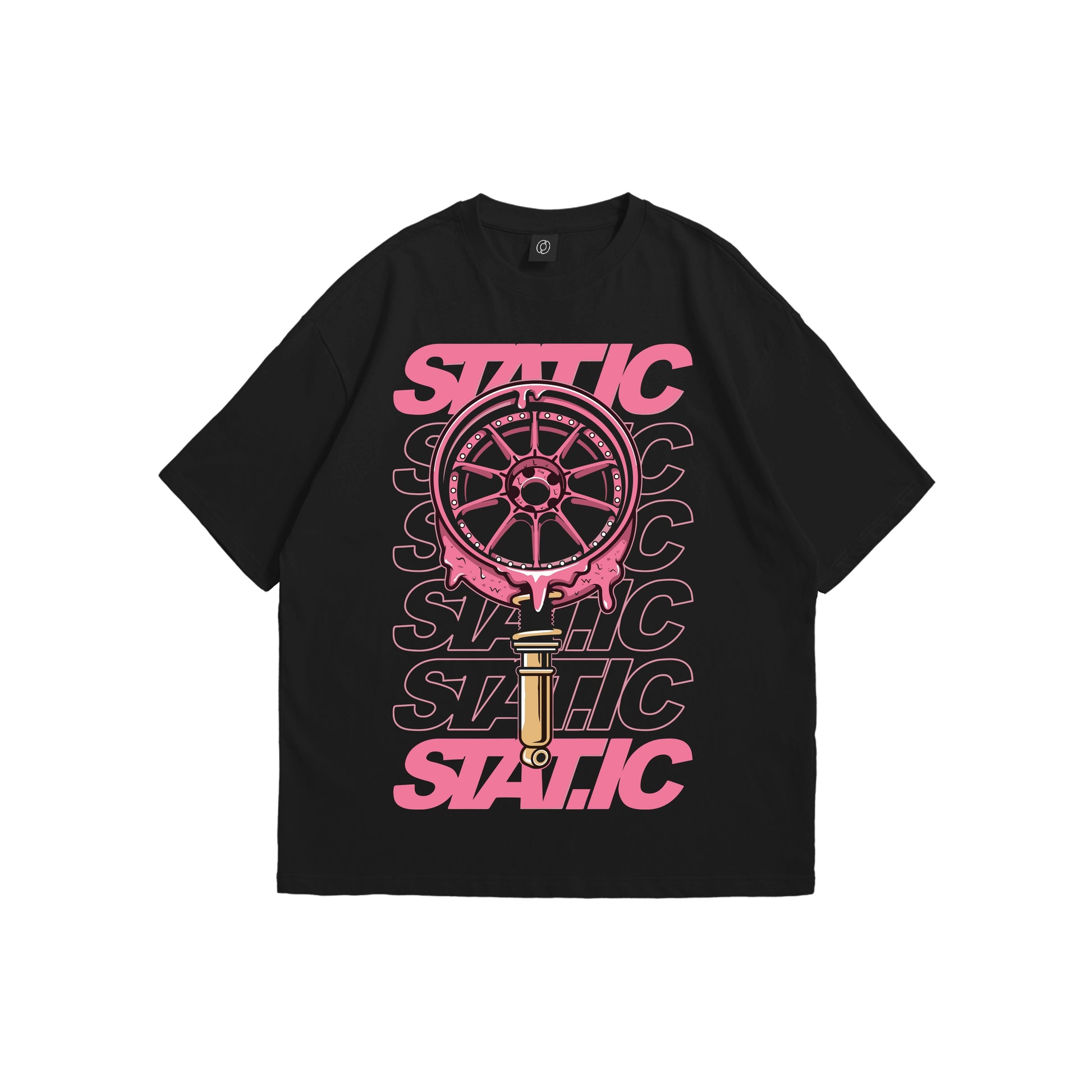 Front and back view of a black oversized t-shirt featuring a pink melting car wheel and coilover graphic with repeating STATIC text on the chest - automotive streetwear apparel by Stick-On Limited.