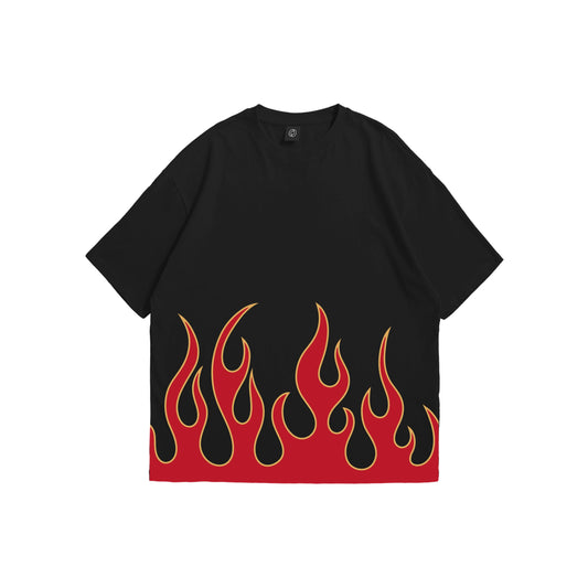 Front and back view of a black oversized t-shirt featuring a vibrant red and yellow flame pattern rising from the bottom hem - edgy streetwear apparel by Stick-On Limited.