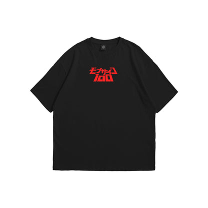 Front and back view of a black oversized t-shirt featuring a red Japanese Mob Psycho 100 logo on the front and a large white graphic of Mob surrounded by psychic aura on the back - anime streetwear apparel by Stick-On Limited.