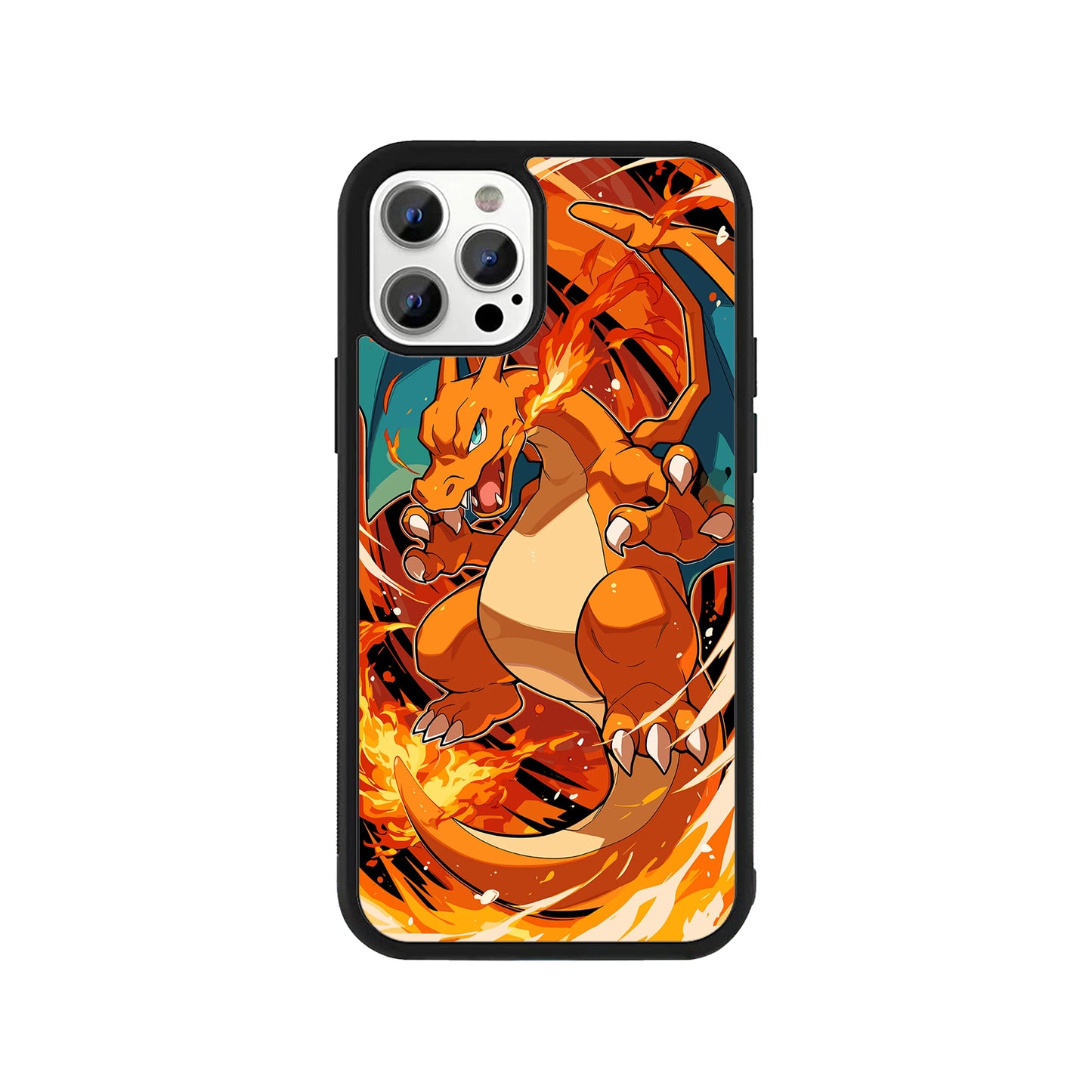 A smartphone case featuring a dynamic illustration of the Pokémon Charizard surrounded by bright orange and yellow flames, framed by a protective black bumper - pop culture phone accessory by Stick-On Limited.