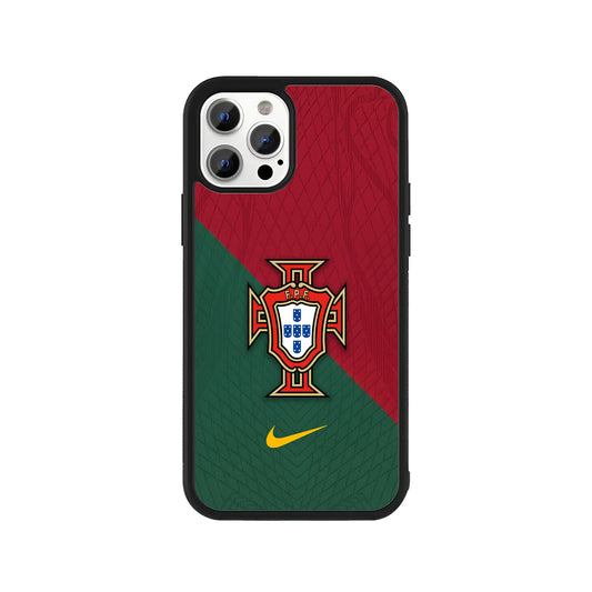 A smartphone case featuring a red and green diagonal split design with the Portugal FPF national football team crest, a gold swoosh, and a protective black bumper - sports phone accessory by Stick-On Limited.