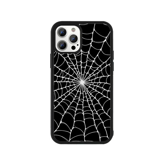 A smartphone case featuring a bold white spider-web pattern over a solid black background, surrounded by a black protective bumper edge