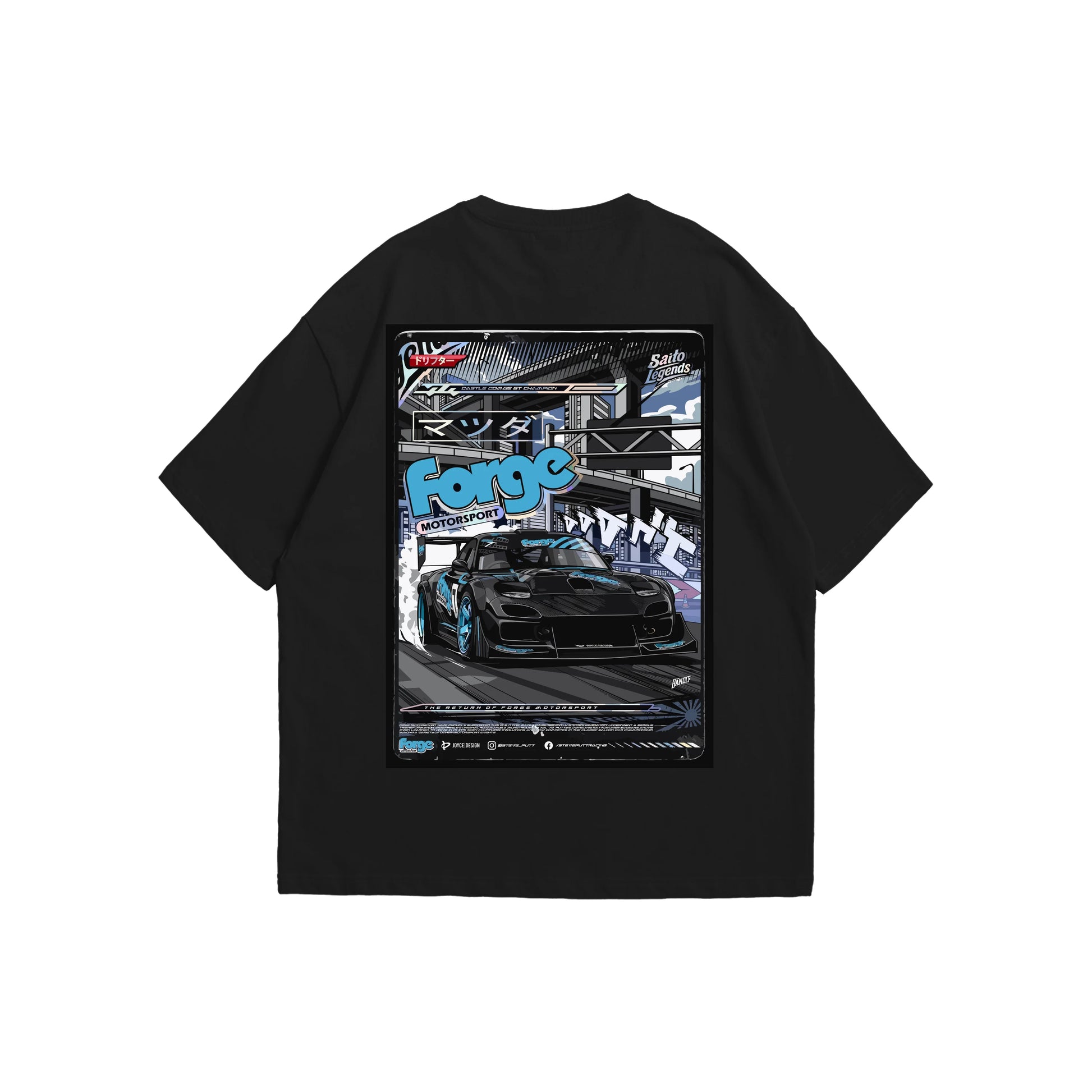 A black oversized t-shirt shown from the front and back. The front features a blue 'Forge Motorsport' logo in the center of the chest. The back displays a large, vibrant, comic-style graphic of a black modified JDM sports car drifting under a city overpass, framed by Japanese text, 'Saito Legends', and other motorsport branding.