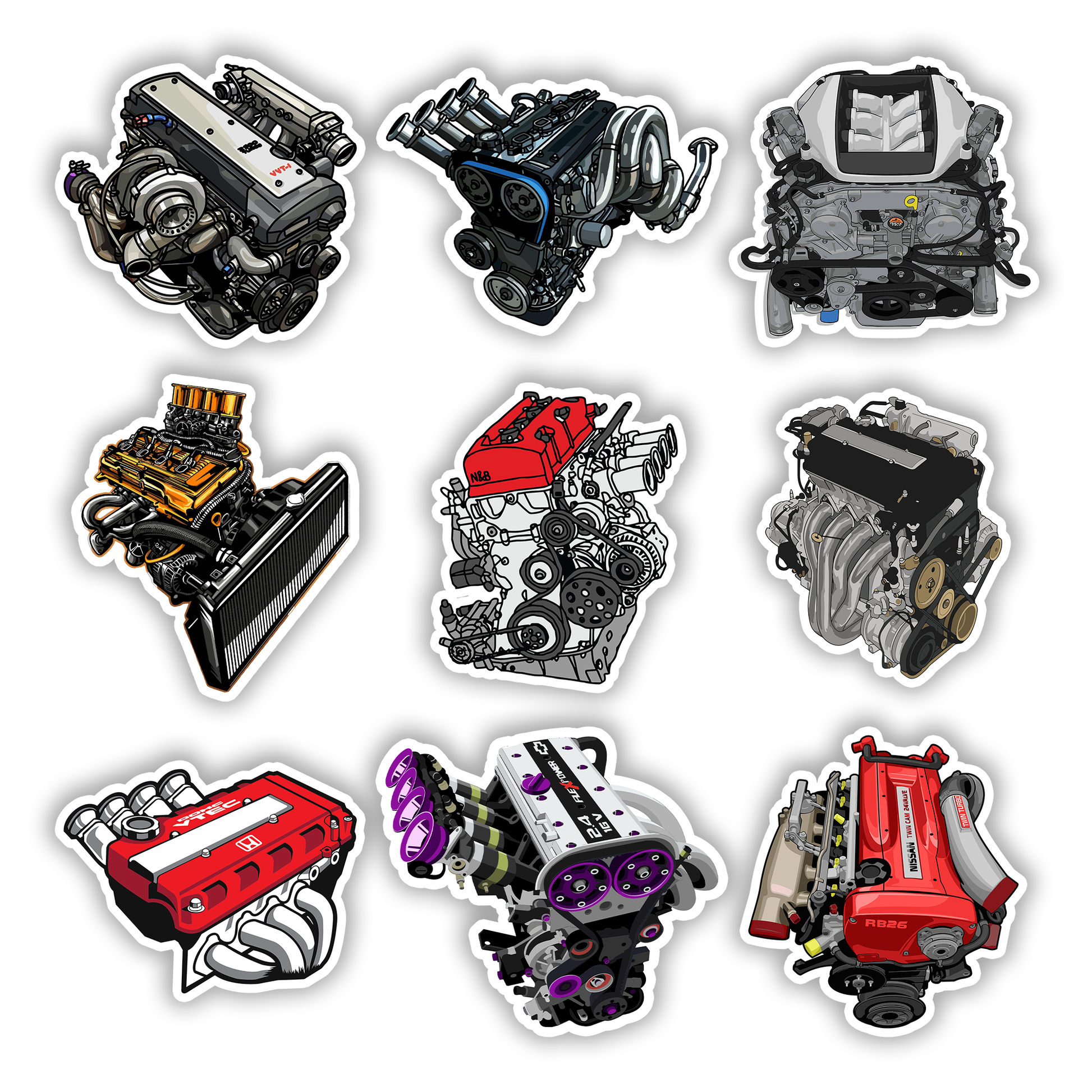 JDM Sticker Pack – Engine Legends Edition featuring 2JZ, RB26, VTEC, and turbo engine designs, Stick-On Auto Collection